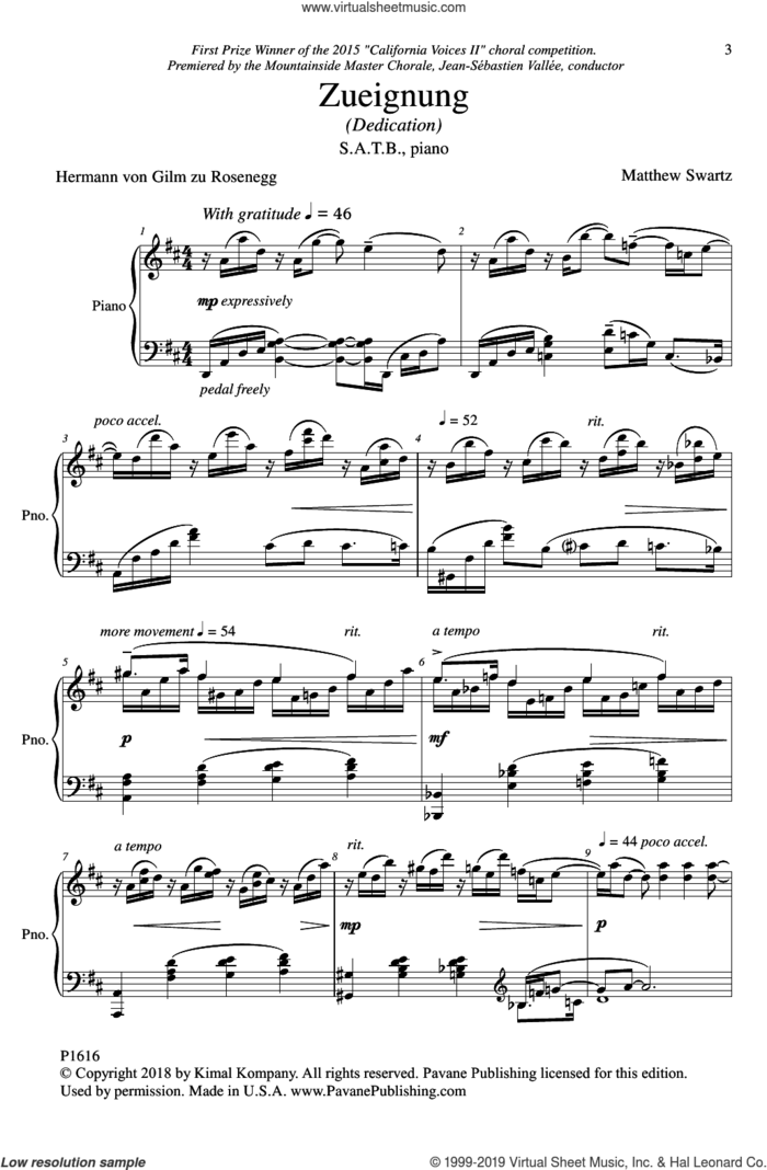 Zueignung (Dedication) sheet music for choir (SATB: soprano, alto, tenor, bass) by Matthew Swartz and Hermann von Gilm zu Rosenegg, intermediate skill level