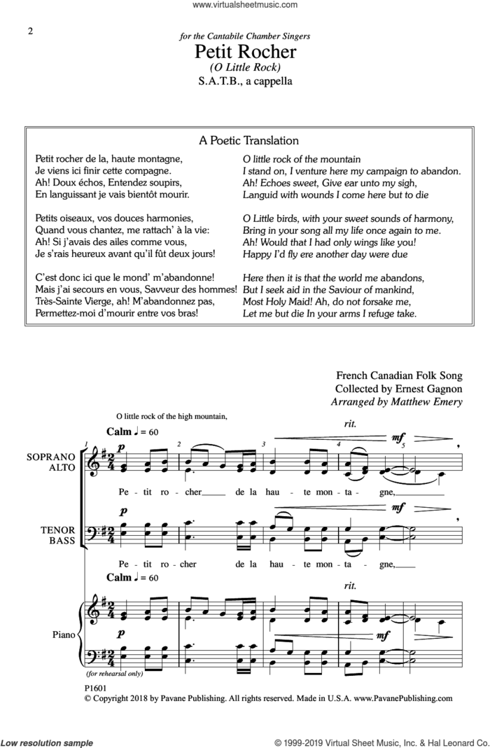 Petit Rocher sheet music for choir (SATB: soprano, alto, tenor, bass) by Matthew Emery, intermediate skill level