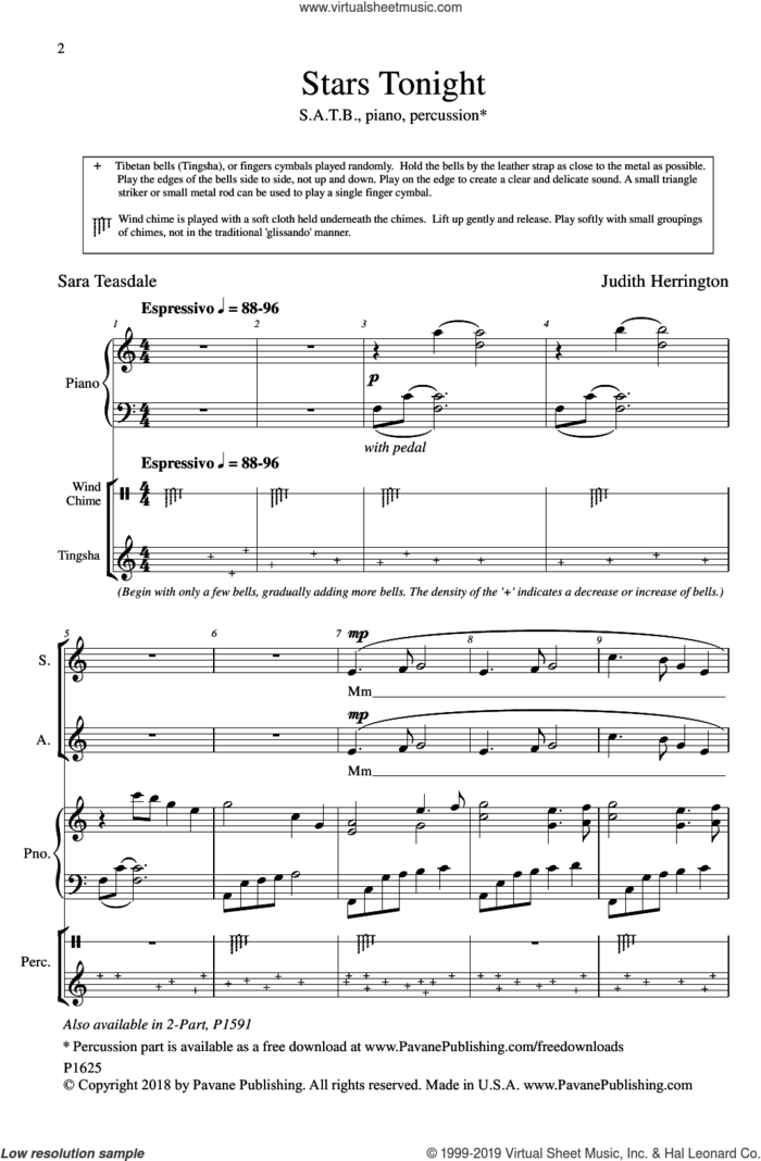 Stars Tonight sheet music for choir (SATB: soprano, alto, tenor, bass) by Judith Herrington and Sara Teasdale, intermediate skill level
