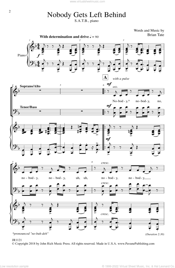 No Body Gets Left Behind sheet music for choir (SATB: soprano, alto, tenor, bass) by Brian Tate, intermediate skill level
