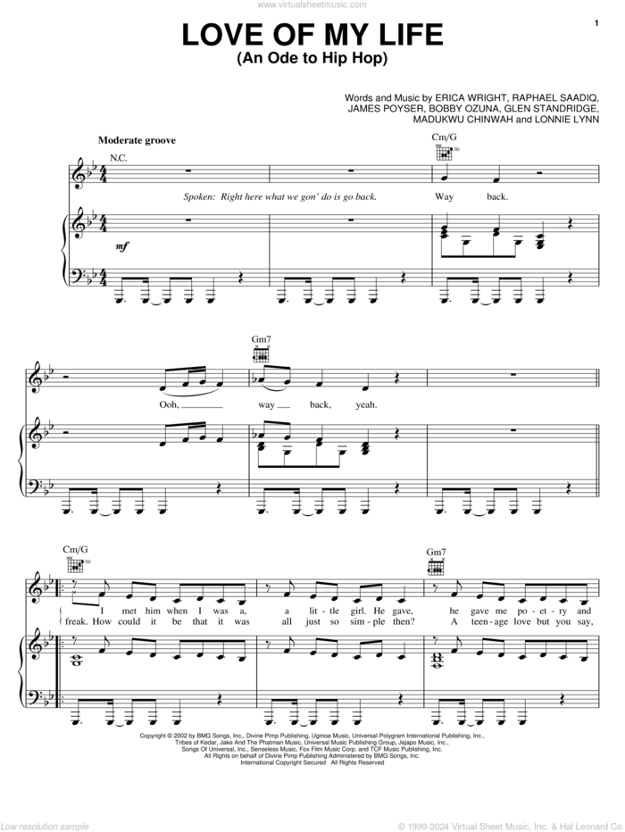 Love Of My Life (An Ode To Hip Hop) sheet music for voice, piano or guitar by Erykah Badu, Erykah Wright, James Poyser and Raphael Saadiq, intermediate skill level