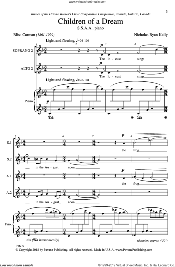Children Of A Dream sheet music for choir (SSA: soprano, alto) by Nicholas Kelly and Bliss Carman, intermediate skill level