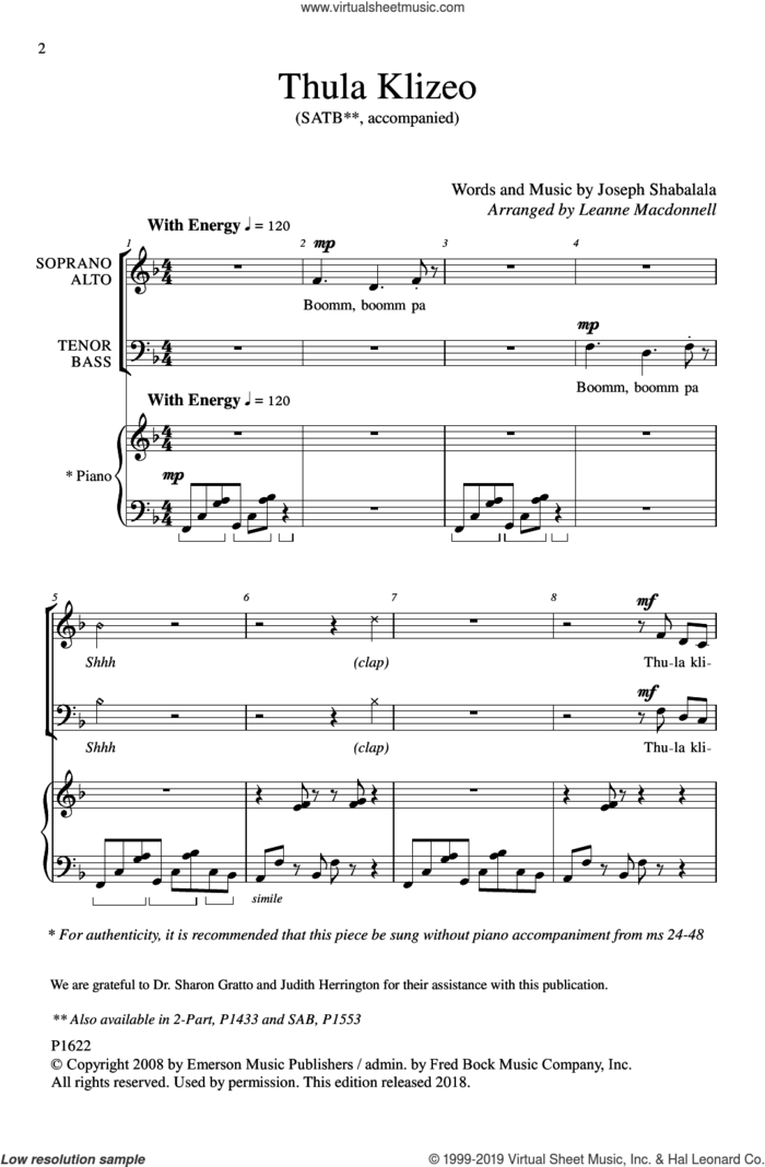 Thula Klizeo sheet music for choir (SATB: soprano, alto, tenor, bass) by Joseph Shabalala, intermediate skill level