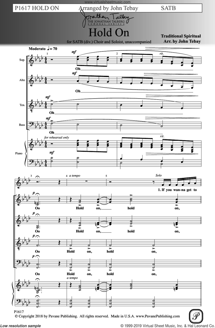 Hold On sheet music for choir (SATB: soprano, alto, tenor, bass) by John Tebay, intermediate skill level
