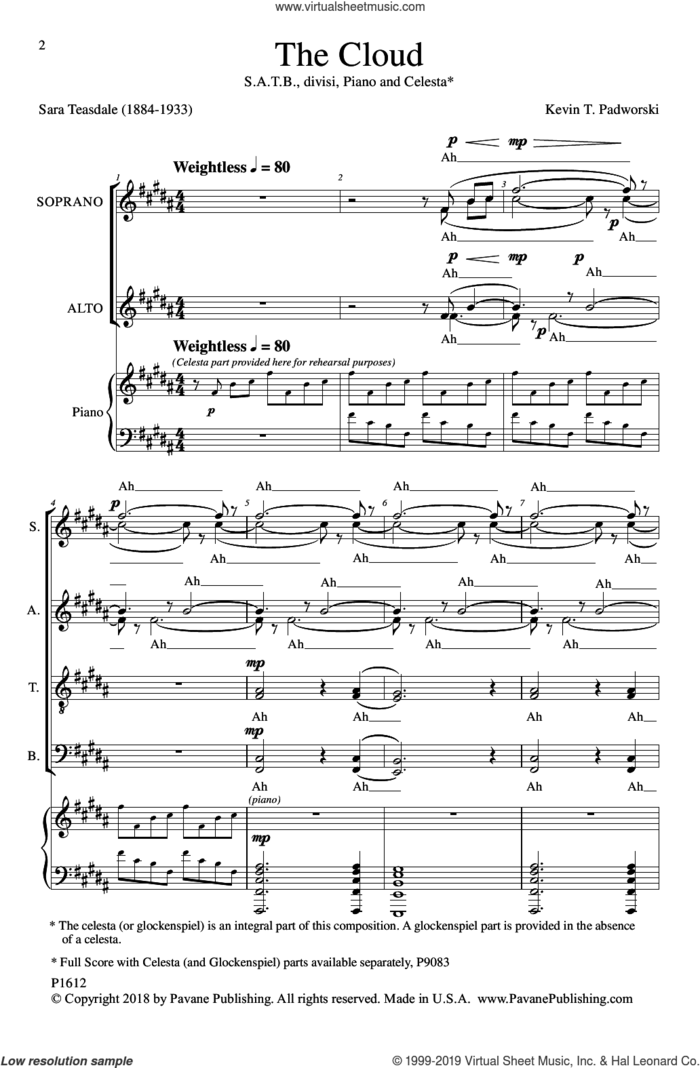The Cloud sheet music for choir (SATB: soprano, alto, tenor, bass) by Kevin T. Padworski and Sara Teasdale, intermediate skill level