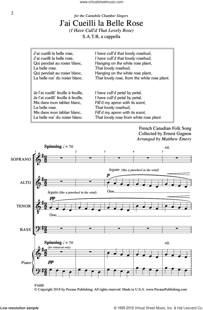J'ai Cuelli La Belle Rose (I Have Cull'd That Lovely Rose) sheet music for choir (SATB: soprano, alto, tenor, bass) by Matthew Emery, intermediate skill level