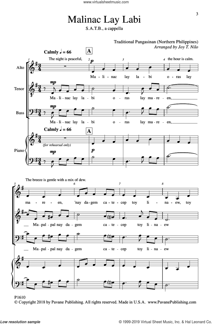 Malinac Lay Labi sheet music for choir (SATB: soprano, alto, tenor, bass) by Joy T. Nilo, intermediate skill level