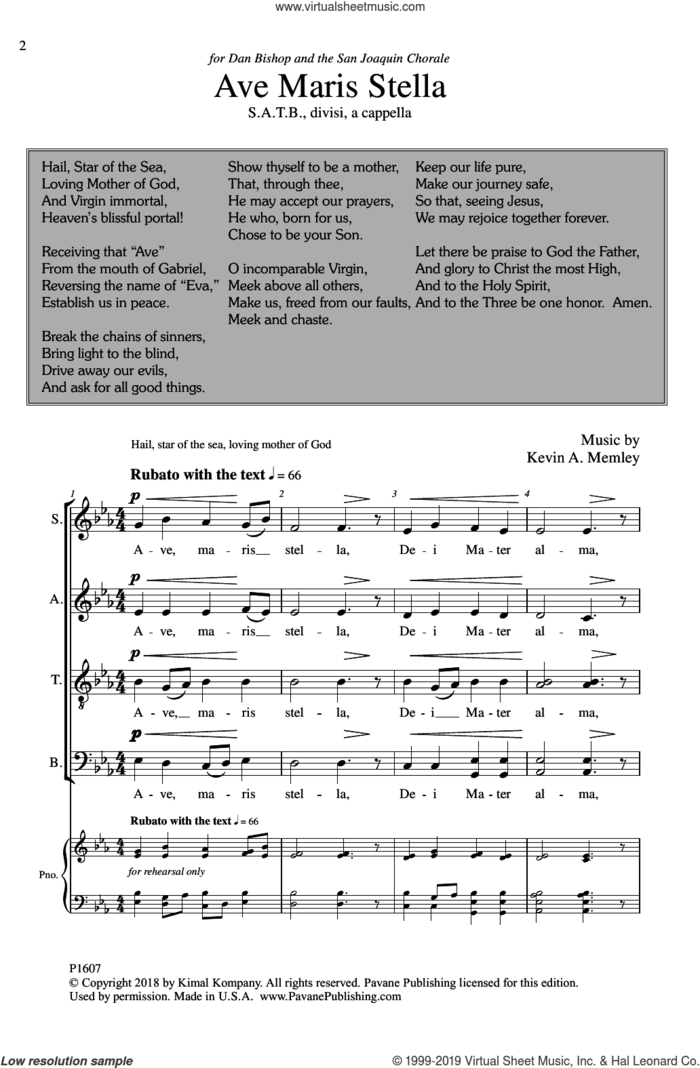 Ave Maris Stella sheet music for choir (SATB: soprano, alto, tenor, bass) by Kevin A. Memley, intermediate skill level