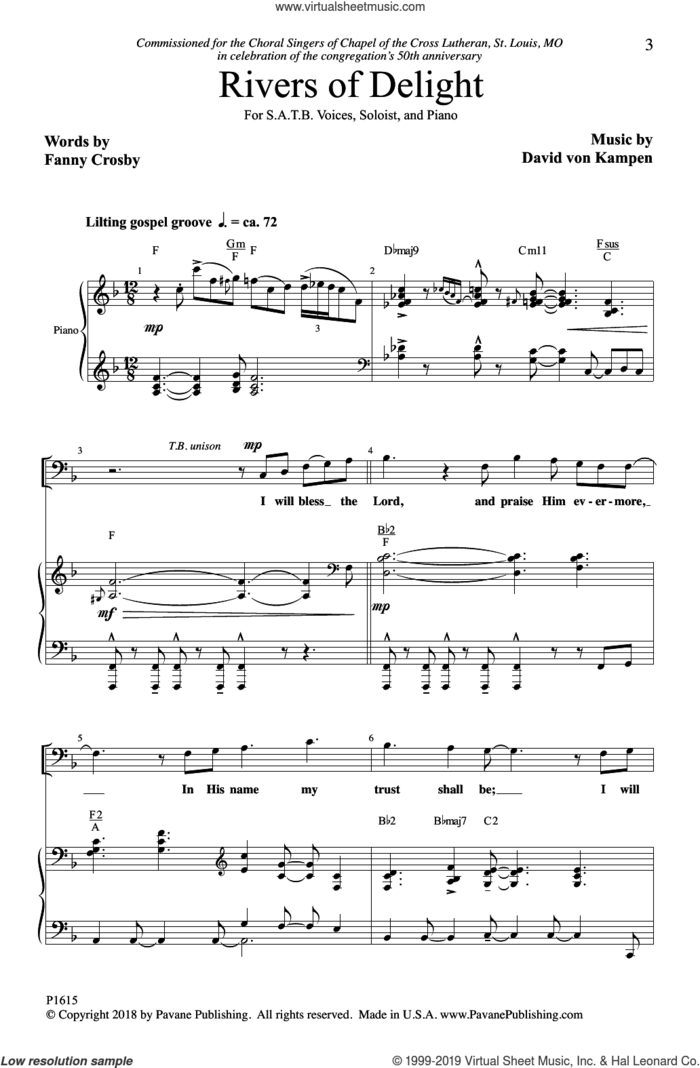 Rivers Of Delight sheet music for choir (SATB: soprano, alto, tenor, bass) by David von Kampen and Fanny Crosby, intermediate skill level