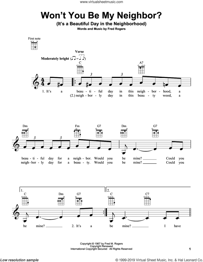 Won't You Be My Neighbor? (It's A Beautiful Day In The Neighborhood) sheet music for ukulele by Fred Rogers, intermediate skill level