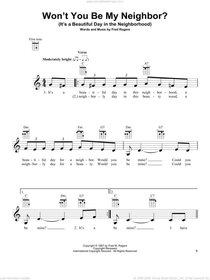 Won't You Be My Neighbor? (It's A Beautiful Day In The Neighborhood) sheet music for ukulele by Fred Rogers, intermediate skill level