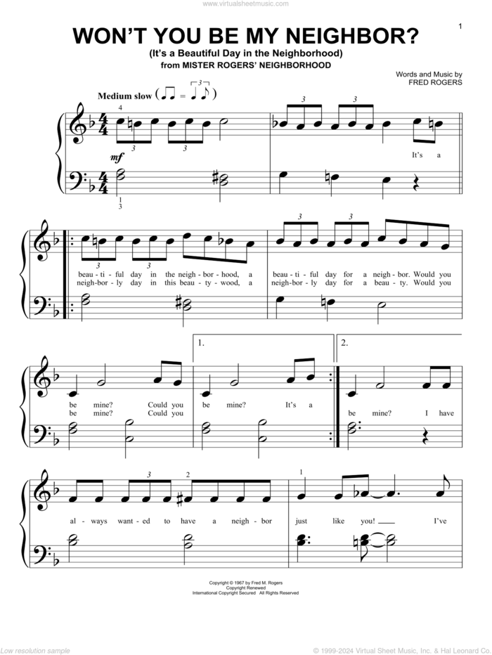 Won't You Be My Neighbor? (It's A Beautiful Day In The Neighborhood) sheet music for piano solo (big note book) by Fred Rogers, easy piano (big note book)