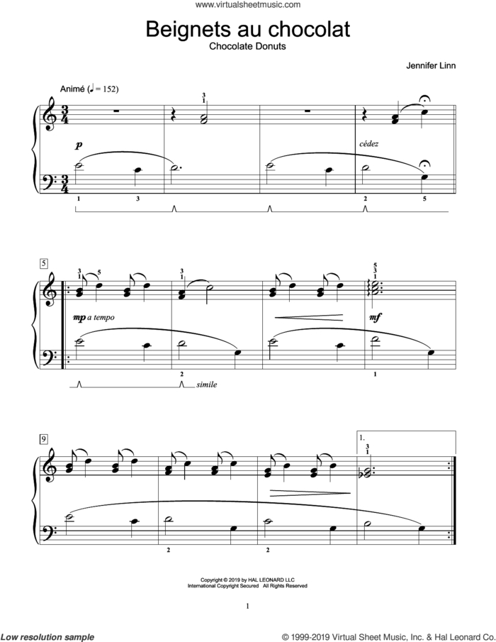 Beignets au chocolat sheet music for piano solo (elementary) by Jennifer Linn, classical score, beginner piano (elementary)