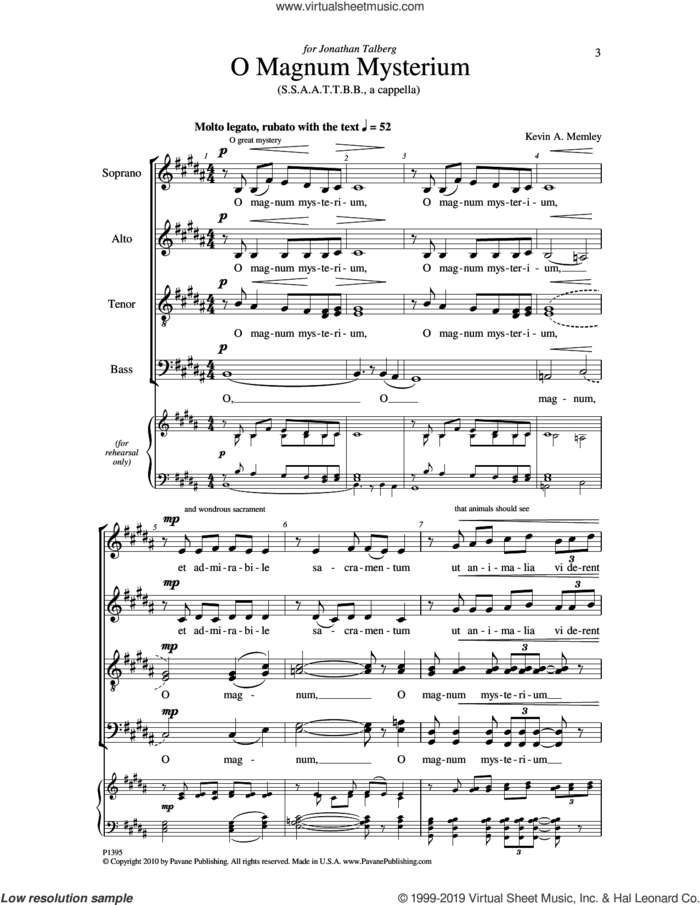O Magnum Mysterium sheet music for choir (SATB: soprano, alto, tenor, bass) by Kevin A. Memley, intermediate skill level