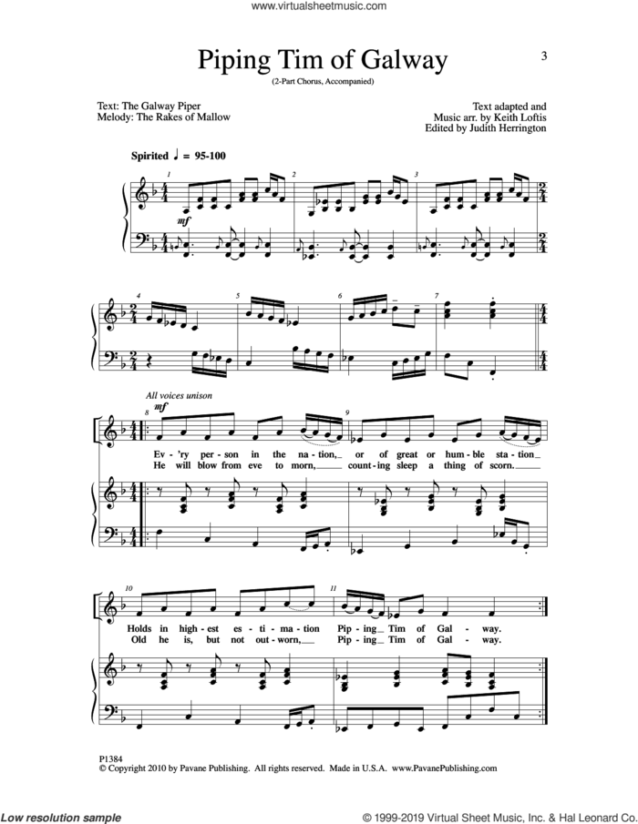 Piping Tim of Galway sheet music for choir (2-Part) by Keith Loftis and Judith Herrington, intermediate duet