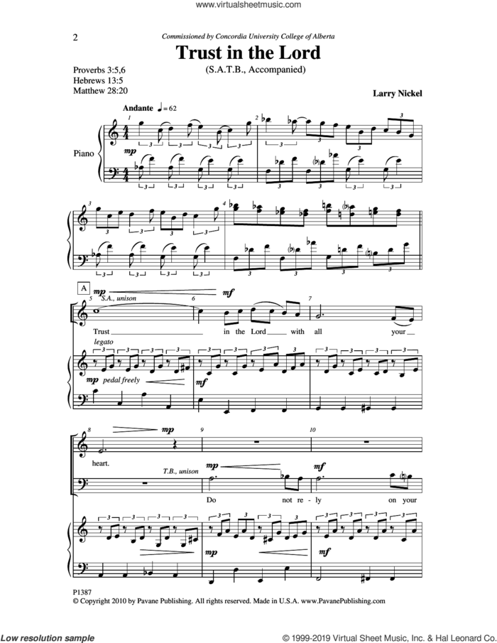 Trust In The Lord sheet music for choir (SATB: soprano, alto, tenor, bass) by Larry Nickel, intermediate skill level