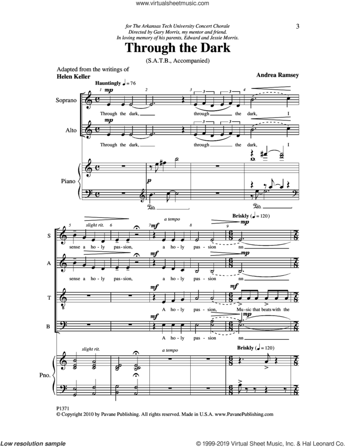 Through The Dark sheet music for choir (SATB: soprano, alto, tenor, bass) by Andrea Ramsey and Helen Keller, intermediate skill level