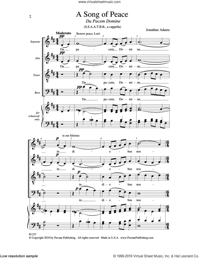 A Song Of Peace (Da Pacem Domine) sheet music for choir (SATB: soprano, alto, tenor, bass) by Jonathan Adams, intermediate skill level
