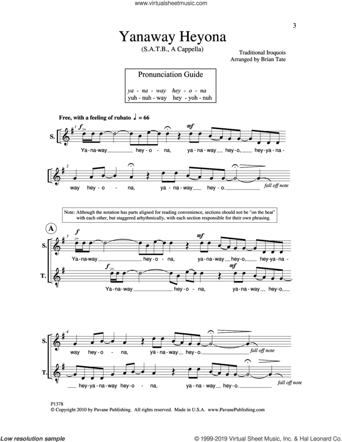 Yanaway Heyona sheet music for choir (SATB: soprano, alto, tenor, bass) by Brian Tate, intermediate skill level