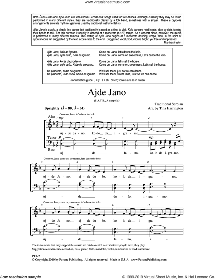 Ajde Jano sheet music for choir (SATB: soprano, alto, tenor, bass) by Tina Harrington, intermediate skill level