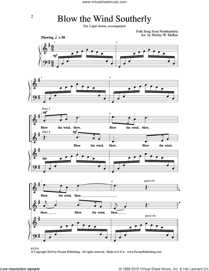 Blow The Wind Southerly sheet music for choir (2-Part, SSA) by Shirley W. McRae, intermediate skill level