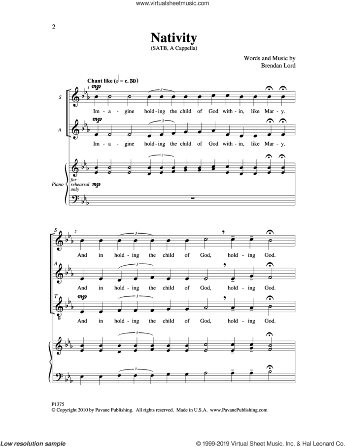 Nativity sheet music for choir (SATB: soprano, alto, tenor, bass) by Brendan Lord, intermediate skill level