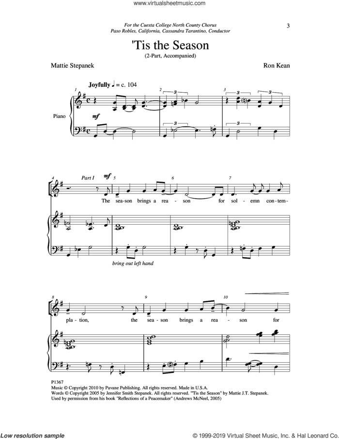 'Tis The Season sheet music for choir (2-Part) by Ron Kean and Mattie Stepanek, intermediate duet
