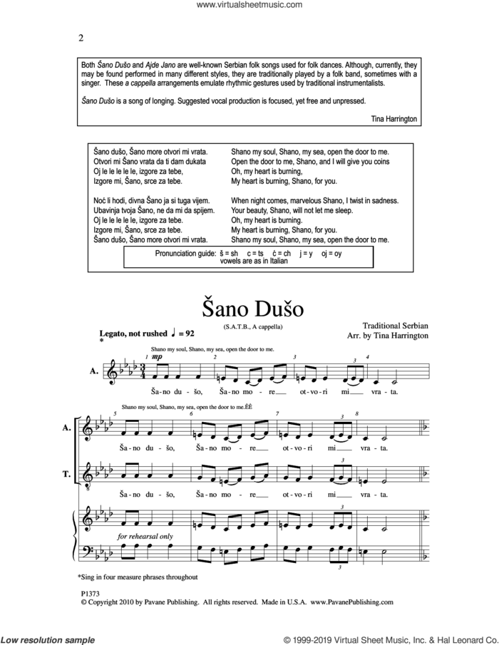 Sano Duso sheet music for choir (SATB: soprano, alto, tenor, bass) by Tina Harrington, intermediate skill level