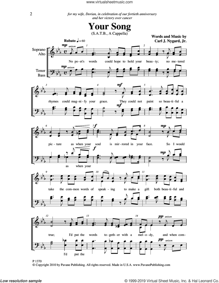 Your Song sheet music for choir (SATB: soprano, alto, tenor, bass) by Carl Nygard, Jr., intermediate skill level