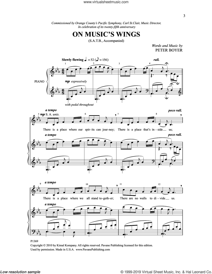 On Music's Wings sheet music for choir (SATB: soprano, alto, tenor, bass) by Peter Boyer, intermediate skill level