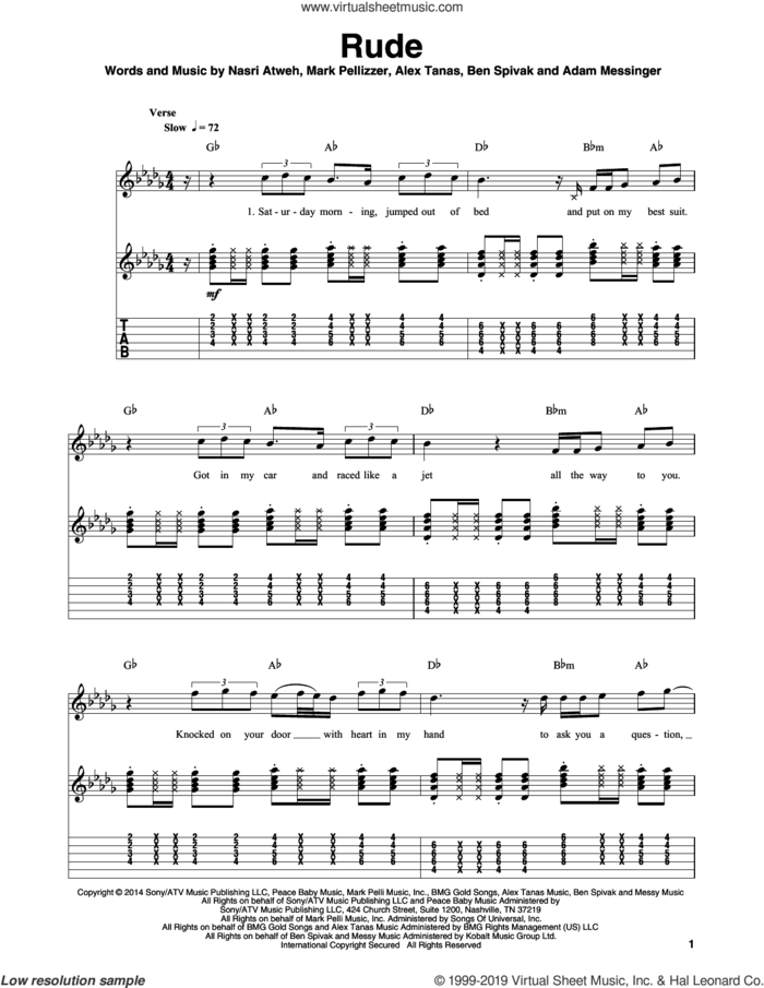 Rude sheet music for guitar (tablature, play-along) by MAGIC!, Adam Messinger, Alex Tanas, Ben Spivak, Mark Pellizzer and Nasri Atweh, intermediate skill level