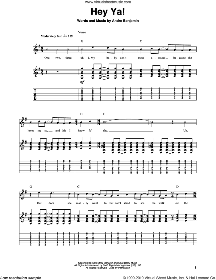 Hey Ya! sheet music for guitar (tablature, play-along) by OutKast and Andre Benjamin, intermediate skill level