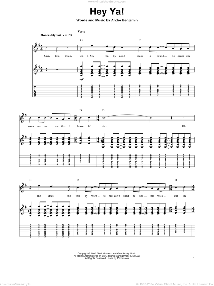 Hey Ya! sheet music for guitar (tablature, play-along) by OutKast and Andre Benjamin, intermediate skill level