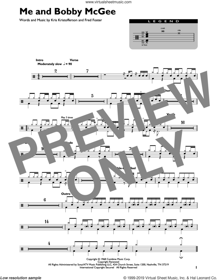 Me And Bobby McGee sheet music for drums (percussions) by Janis Joplin, Fred Foster and Kris Kristofferson, intermediate skill level