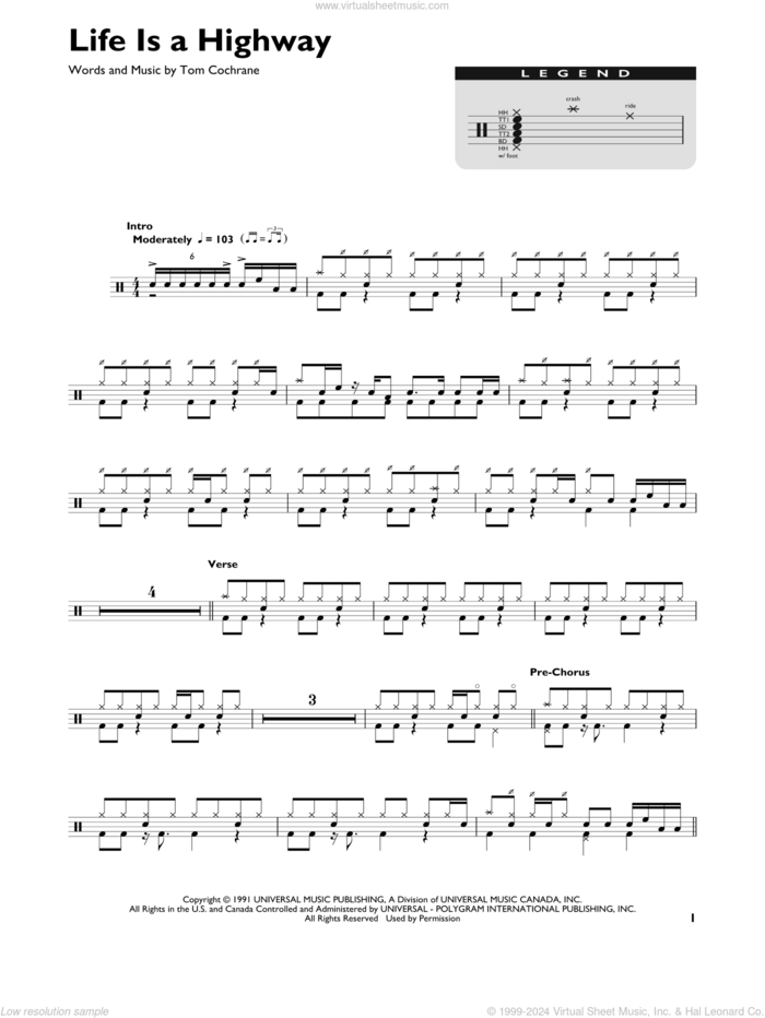 Life Is A Highway sheet music for drums (percussions) by Rascal Flatts and Tom Cochrane, intermediate skill level