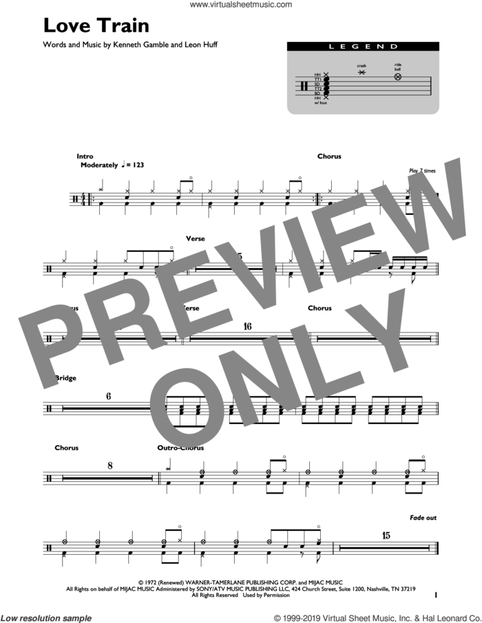 Love Train sheet music for drums (percussions) by O'Jays, Kenneth Gamble and Leon Huff, intermediate skill level