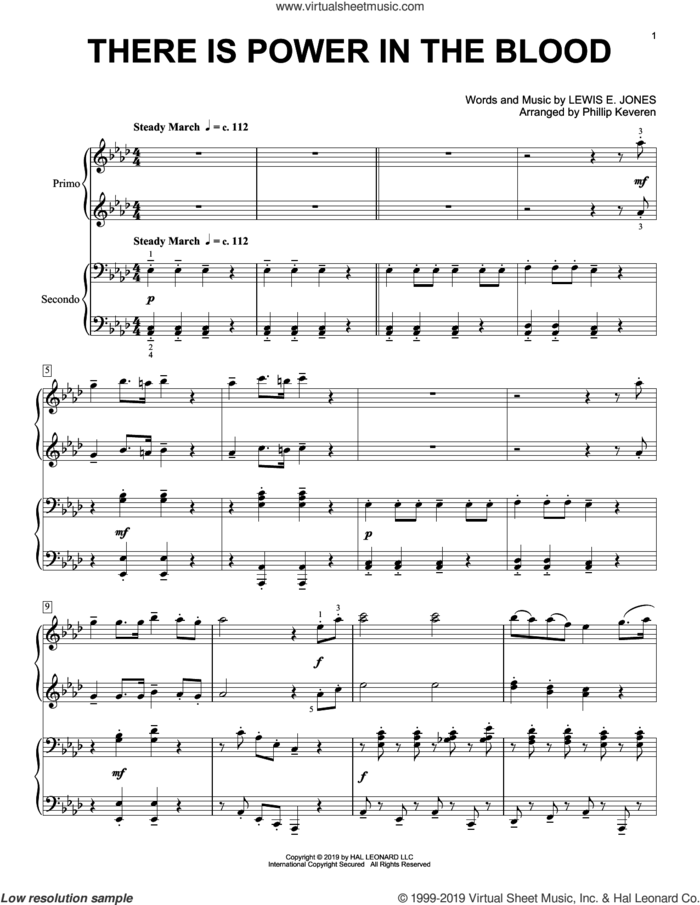 There Is Power In The Blood (arr. Phillip Keveren) sheet music for piano four hands by Lewis E. Jones and Phillip Keveren, intermediate skill level
