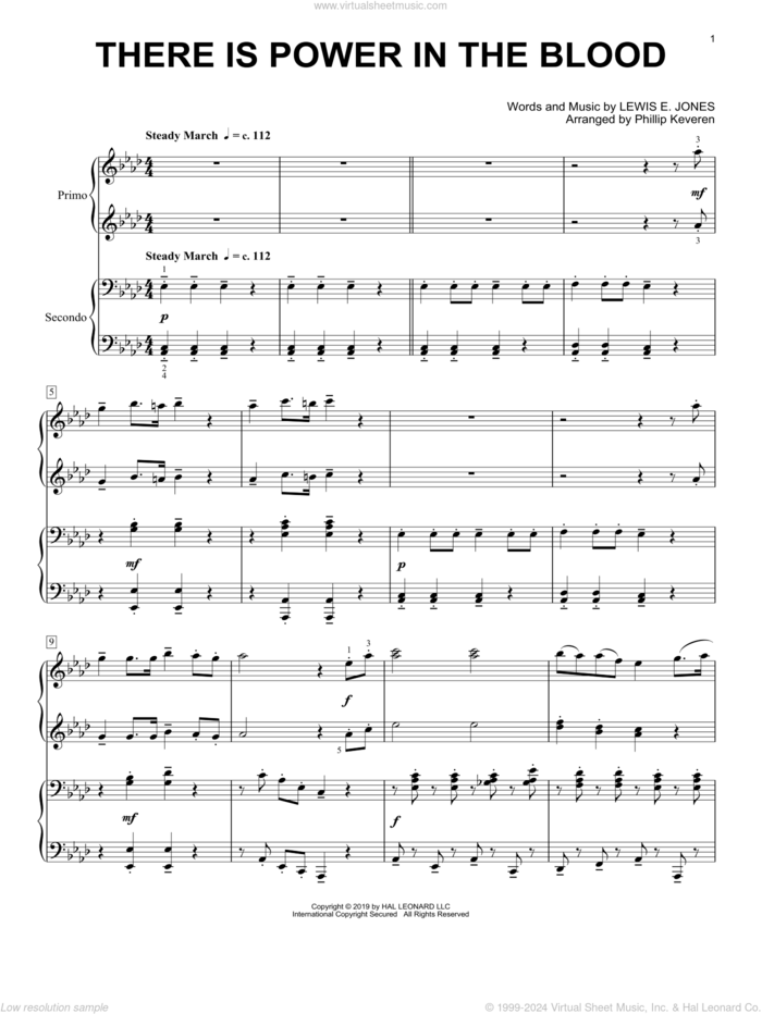 There Is Power In The Blood (arr. Phillip Keveren) sheet music for piano four hands by Lewis E. Jones and Phillip Keveren, intermediate skill level