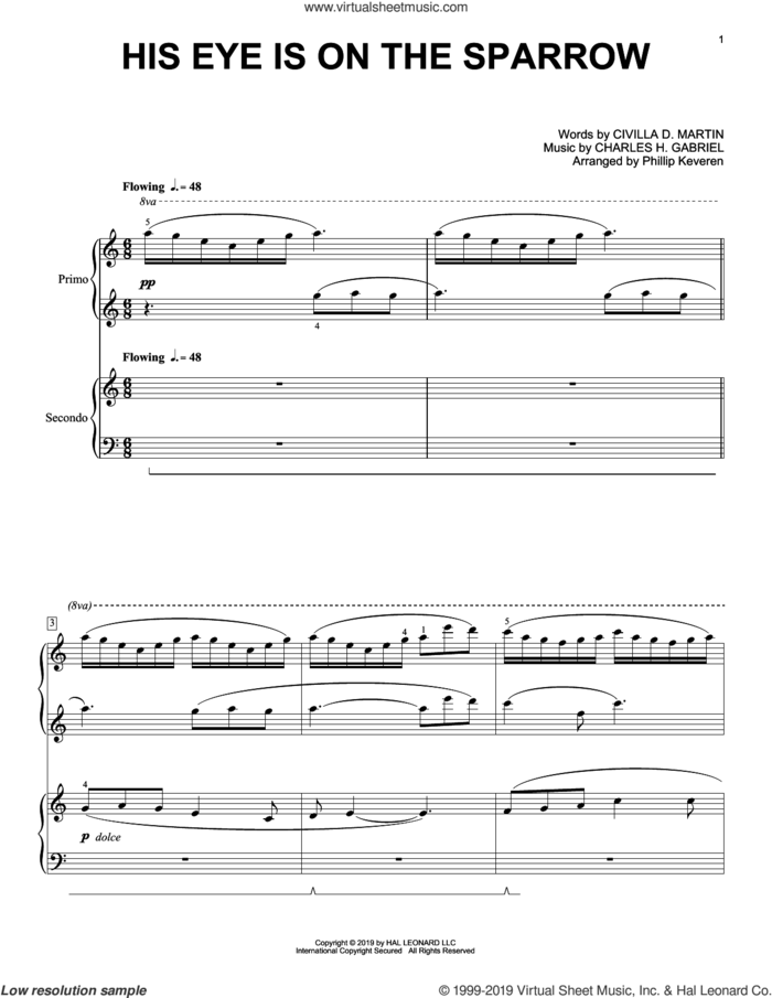His Eye Is On The Sparrow (arr. Phillip Keveren) sheet music for piano four hands by Charles H. Gabriel, Phillip Keveren and Civilla D. Martin, intermediate skill level