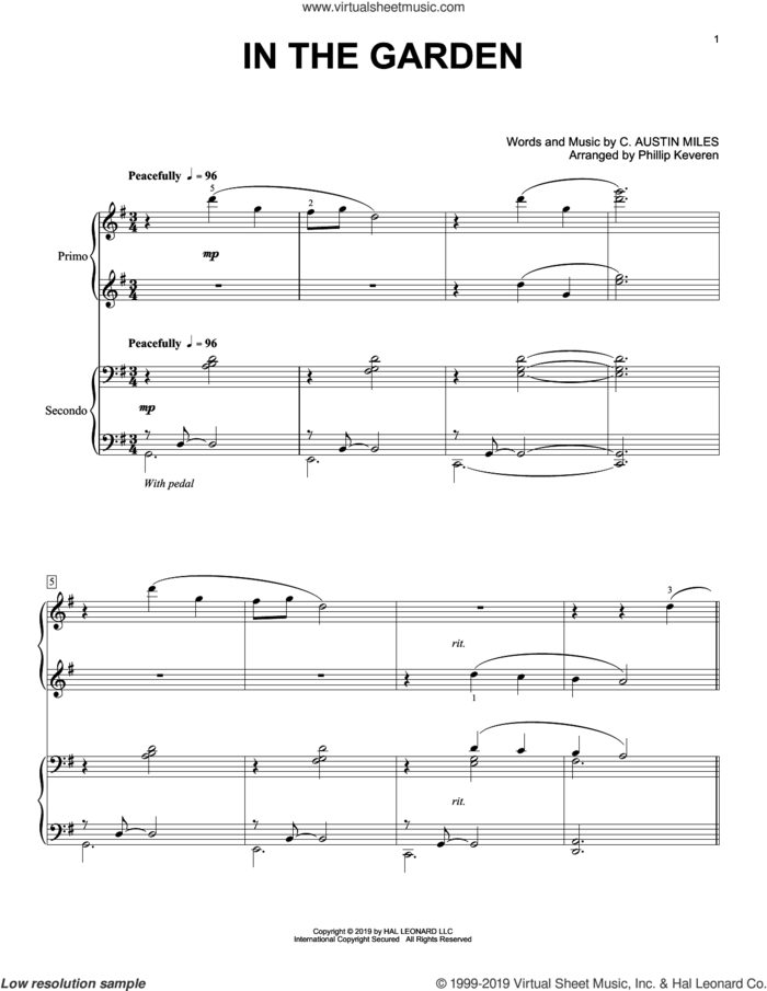 In The Garden (arr. Phillip Keveren) sheet music for piano four hands by C. Austin Miles and Phillip Keveren, intermediate skill level