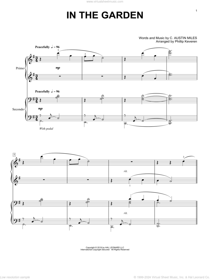 In The Garden (arr. Phillip Keveren) sheet music for piano four hands by C. Austin Miles and Phillip Keveren, intermediate skill level