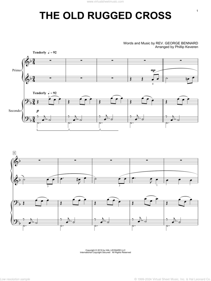 The Old Rugged Cross (arr. Phillip Keveren) sheet music for piano four hands by Rev. George Bennard and Phillip Keveren, intermediate skill level