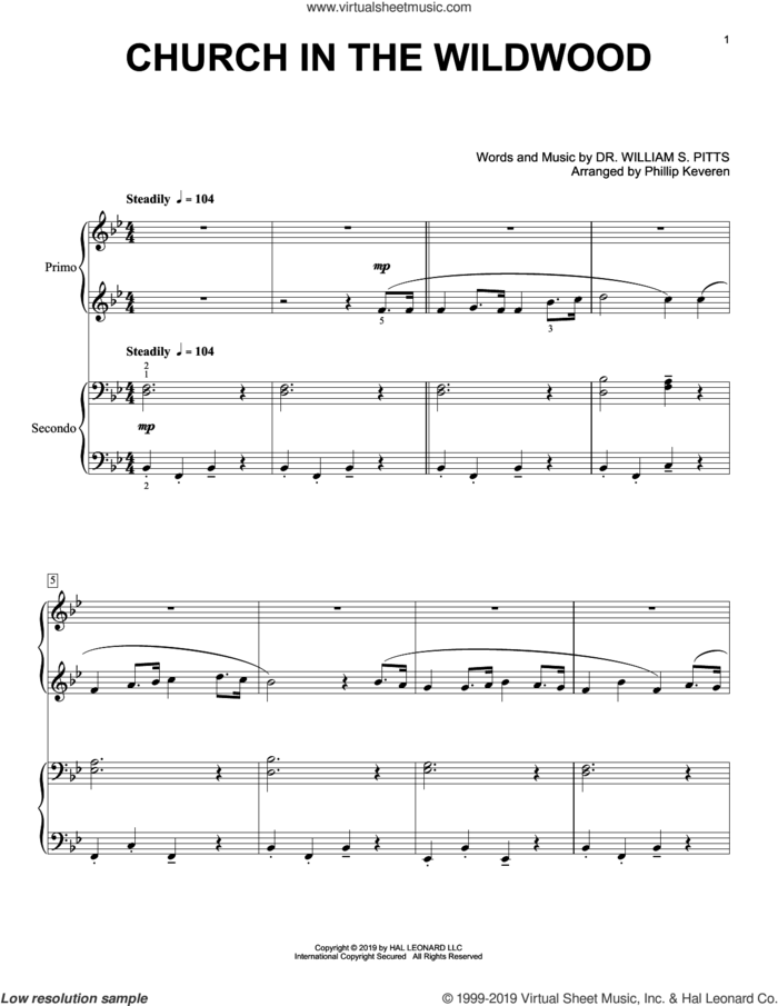 Church In The Wildwood (arr. Phillip Keveren) sheet music for piano four hands by Dr. William S. Pitts and Phillip Keveren, intermediate skill level