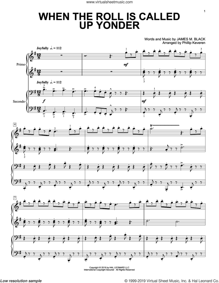 When The Roll Is Called Up Yonder (arr. Phillip Keveren) sheet music for piano four hands by James M. Black and Phillip Keveren, intermediate skill level