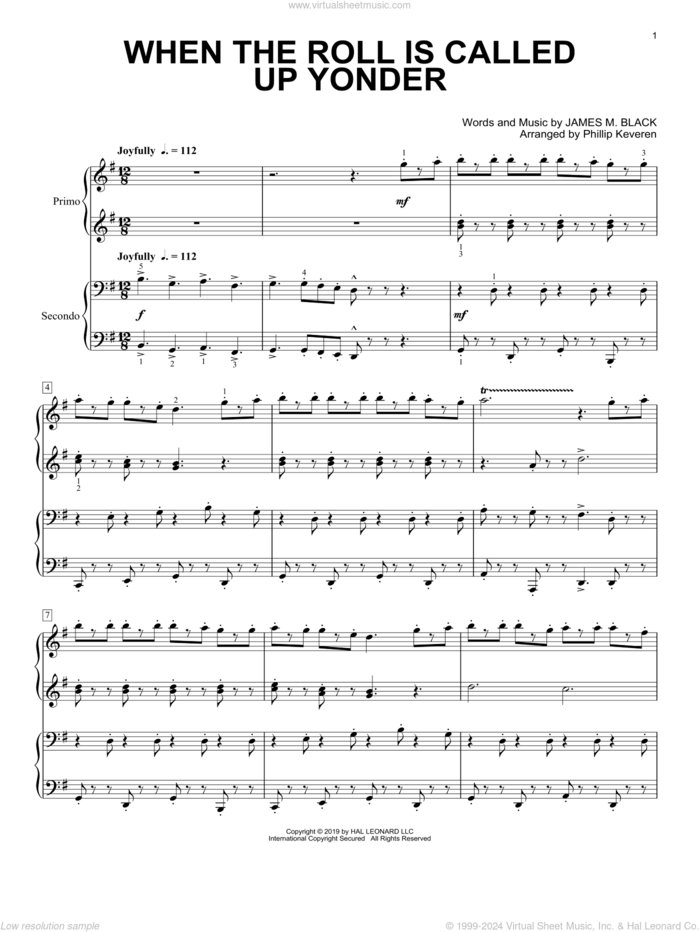 When The Roll Is Called Up Yonder (arr. Phillip Keveren) sheet music for piano four hands by James M. Black and Phillip Keveren, intermediate skill level