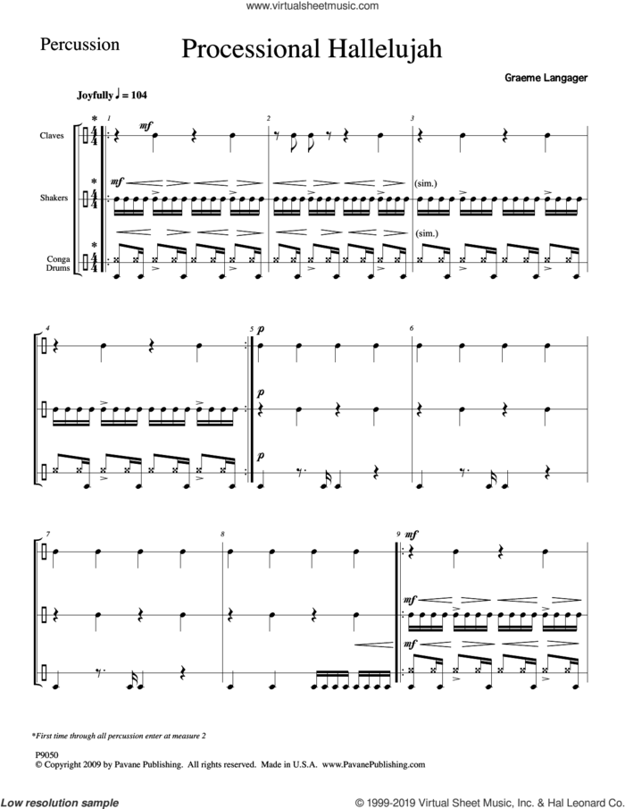 Processional Hallelujah Percussion sheet music for orchestra/band (Percussion) by Graeme Langager, intermediate skill level