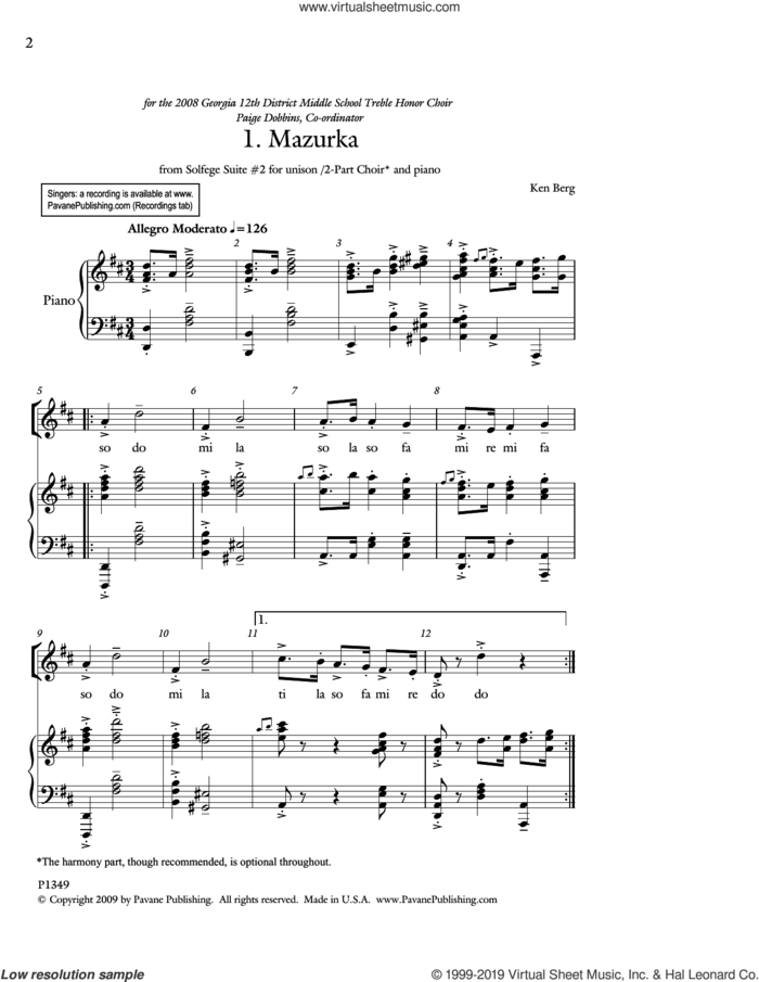 Mazurka (from 'Solfege Suite #2') sheet music for choir (Unison) by Ken Berg, intermediate skill level