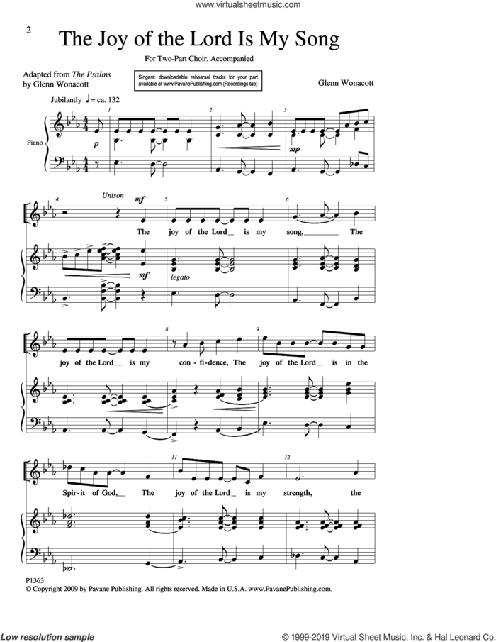 The Joy Of The Lord Is My Song sheet music for choir (2-Part) by Glenn Wonacott, intermediate duet