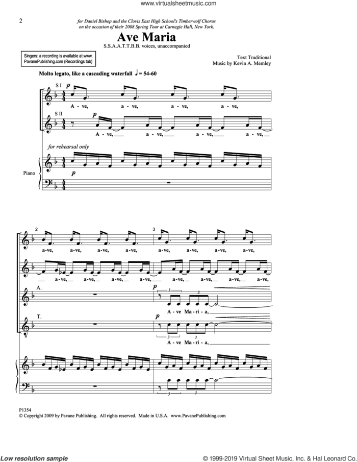 Ave Maria sheet music for choir (SATB: soprano, alto, tenor, bass) by Kevin A. Memley, intermediate skill level