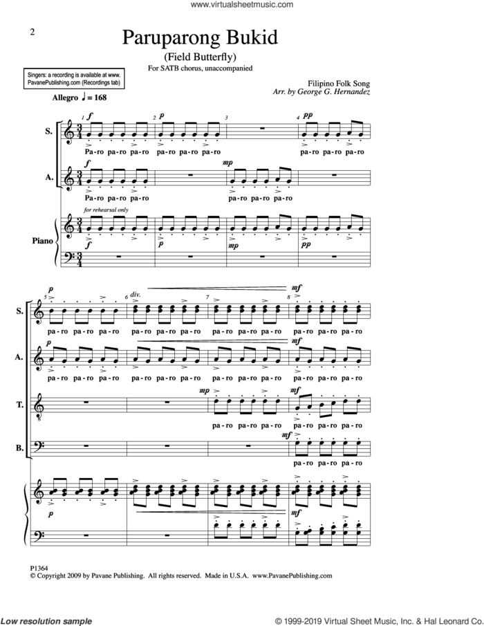 Paruparong Bukid (Field Butterfly) (arr. George Hernandez) sheet music for choir (SATB: soprano, alto, tenor, bass) by Filipino Folk Song and George Hernandez, intermediate skill level